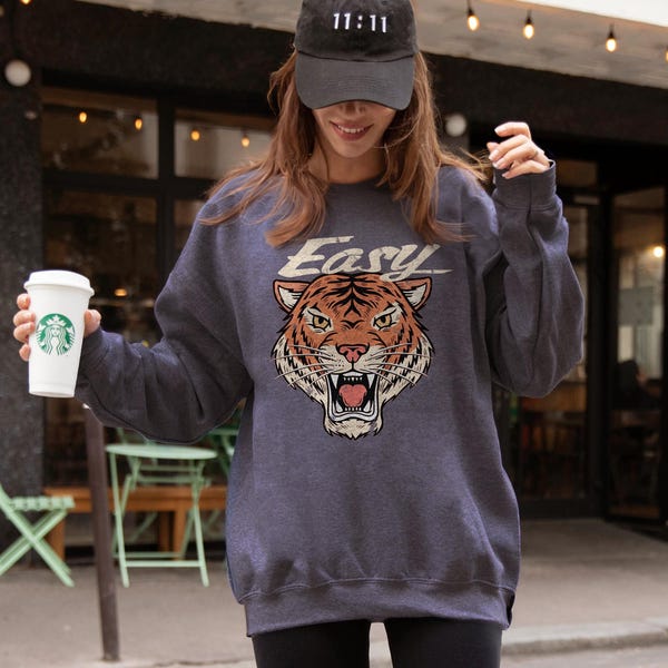 Vintage Tiger Sweatshirt or Hoodie, Unisex Fall Sweatshirts for Women, Trendy Shirts, Easy Tiger Sports Fan Gifts for Her
