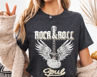 Vintage Rock and Roll Gitarr Vingar T-shirt, Boho Festival Konsert T-shirts, Musikälskare Gåvor