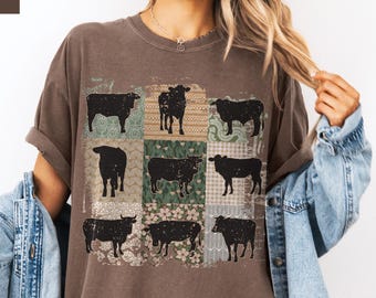 Maglietta Boho Cow, maglietta Comfort Colors® Retro Farmhouse Patchwork Cows, regalo per gli amanti degli animali da fattoria