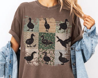 T-shirt graphique vintage en patchwork de canard, chemise en canard à fleurs bohème Comfort Colors® pour femmes et filles, vêtements esthétiques cottagecore, cadeaux pour les amateurs de canard