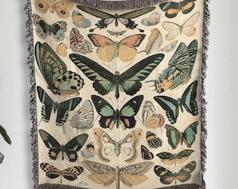 Vintage Butterflies Woven Blanket, Butterfly Cottagecore Tapestry Throw, Prezenty dla Miłośników Owadów, Neutralny Wystrój, Prezenty Na Parapetówkę Nowego Domu