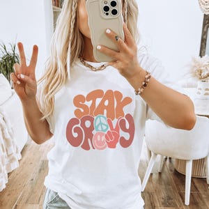 Stay Groovy Shirt, Peace Sign Graphic Tee, Boho Positive Vibes TShirt, Cute Hippie top