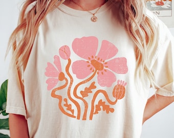 Retro Flower Shirt, Comfort Colors® Tee, Boho Wildflower Shirt, Modern Poppy TShirt, Vintage Poppies Shirt, Boho Botanical Oversized Tee