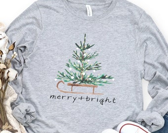 Christmas Shirts for Women, Merry and Bright Shirt, Christmas Long Sleeve Shirt, Christmas Tree Shirt, Holiday Shirts, Winter Shirt