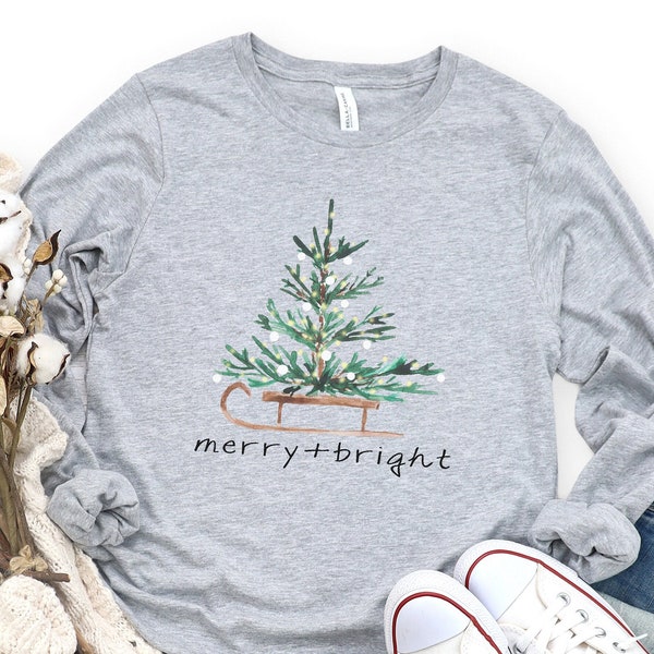 Christmas Shirts for Women, Merry and Bright Shirt, Christmas Long Sleeve Shirt, Christmas Tree Shirt, Holiday Shirts, Winter Shirt