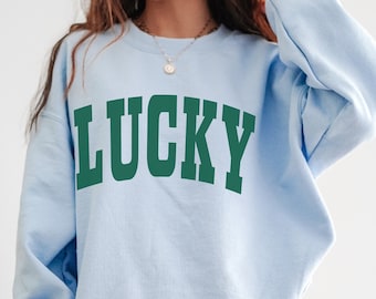 Lucky Sweatshirt, St Patricks Hoodie, Oversized Varsity College Lettering St Paddys Day Unisex Crewneck Sweater for Women or Men