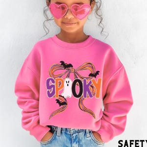 Youth Spooky Halloween Sweatshirt or Hoodie, Coquette Bow Ghost Sweatshirt, Girls Preppy Fall Sweater, Halloween Gifts for Her