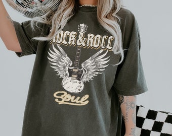 Retro Rock & Roll Soul Shirt, Comfort Colors®, Vintage Rock Concert Tee, Boho Guitar Wings Tee, Rock Music Lover Gift for Her or Him