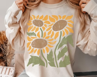 Sunflower Long Sleeve Shirt, Comfort Colors®, Vintage Flower Tee, Boho Botanical Wildflower Gardening Gifts, Sunflower Lover Gifts for Her