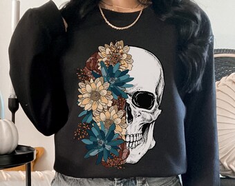Sudadera con calavera Bloom, sudadera de Halloween, bohemia con calavera floral, suéter de otoño para mujer, cuello redondo con esqueleto de calavera y flores, flores de esqueleto