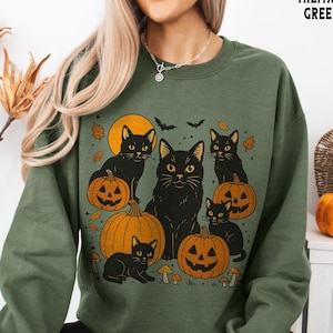 Halloween Cat Sweatshirt or Hoodie, Black Cat Pumpkin Halloween Sweater, Oversized Fall Sweatshirts for Women Girls, Gifts for Her