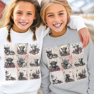 Sudadera juvenil Highland Cow, linda sudadera con capucha de vaca y fresa, cuello redondo con estética cottagecore de vida de granja con flores bohemias para niños, regalos de Highland Cow