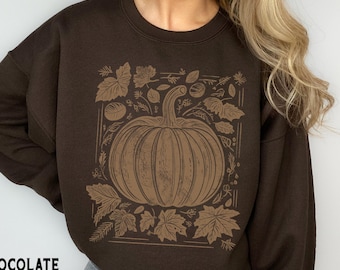 Sudadera de calabaza para mujer, suéter floral de otoño para Acción de Gracias, hojas tonales grabadas en linóleo, regalos de otoño para ella