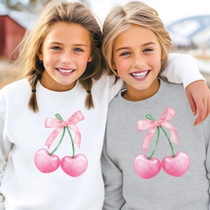 Youth Valentine Coquette Bow Sweatshirt or Hoodie, Pink Bow Cherry Heart Sweater, Valentine&#39;s Day Shirts, Spring Sweatshirt, Valentine Gift