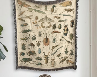 Vintage Beetle Insects Woven Blanket, Bugs Moths Cottagecore Tapestry Throw, Insect Lover Gifts, Neutral Decor, New Home Housewarming Gifts