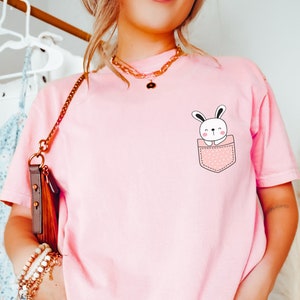 Pocket Bunny Rabbit Shirt, Comfort Colors®, Anime Style Cute Bunny Tee, Matching Easter Bunny Shirts, Rabbit Lover Shirt Gift for Her