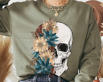 Bloom Skull Sweatshirt, Halloween sweatshirt, Floral Skull Boho, Womens Fall Sweater, Flower Skull Skeleton Crewneck, Skeleton Gifts for Her