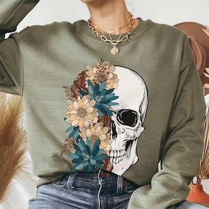 Bloom Skull Sweatshirt, Halloween sweatshirt, Floral Skull Boho, Womens Fall Sweater, Flower Skull Skeleton Crewneck, Skeleton Blooms