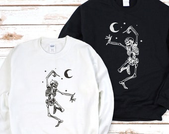 Tanzende Skelette, passendes Halloween-Sweatshirt für Männer oder Frauen, Tanzenskelett-Sweatshirt, Unisex-Gruppe Halloween-Pullover mit Rundhalsausschnitt