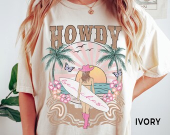 Howdy Shirt, Coastal Cowgirl Tee, Comfort Colors®, Womens Beach Shirt, Boho, Oversized Vintage Style Western Tee, Retro Texas Coast Tee