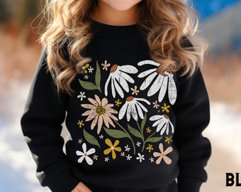 Youth Flower Sweatshirt or Hoodie, Boho Wildflowers Sweater, Vintage Botanical Floral Nature Crewneck, Flower Lover Gardening Gifts for Her