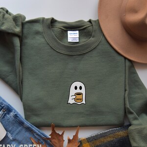 Embroidered Ghost Sweatshirt, Embroidered Fall Sweatshirt, Ghost with Coffee Crewneck Sweater, Cute Halloween Embroidered Sweatshirt