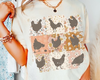 Boho Hühner Shirt, Comfort Colors®, Retro Bauernhaus Blumen Hinterhof Huhn T-Shirt, Cottagecore ästhetische Kleidung, Huhn Geschenk für Sie