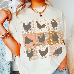 Boho Chickens Shirt, Comfort Colors®, Retro Farmhouse Floral Backyard Chicken Tee, Cottagecore Aesthetic Clothing, Chicken Gift for Her