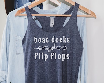 Women's Boat Tank Top, Boat Docks Flip Flops Racerback, Lake Vacation Tank Top, Boating Tank Top for her