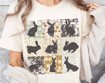 Chemise lapin bohème, chemises de Pâques assorties, t-shirt rétro floral en forme de lapin de ferme, vêtements esthétiques cottagecore, cadeau pour amateur de lapin