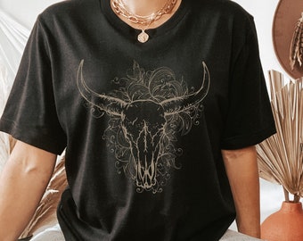 Camiseta con calavera de toro estilo boho, camisetas campestres, camiseta con calavera de cuernos largos y flores, camiseta de vaquera, camiseta del salvaje oeste, camiseta del oeste, regalos campestres