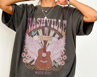 Shirt Nashville Guitar Wings, Comfort Colors®, vintage T-shirt, cadeau retro country-westernmuziekliefhebber