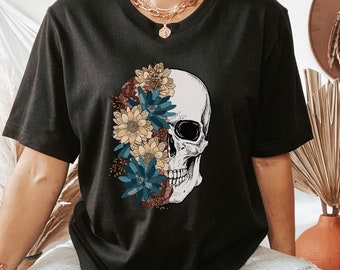 Bloom Skull-shirt, Halloween-shirt, Floral Skull Boho Graphic Tee, Womens Fall Shirt, Flower Skull Skeleton T-shirt, Skeleton Blooms