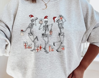 Christmas Sweatshirt for Women, Dancing Skeletons Sweatshirt, Funny Christmas Skull Sweater, Christmas Crewneck, Santa Skeleton Sweatshirt