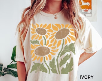 Retro bloemenshirt, Comfort Colors®, vintage zonnebloemshirt, T-shirt wilde bloemen, boho-T-shirt, botanisch shirt, zonnebloemliefhebber cadeaus voor haar