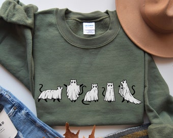 Embroidered Ghost Cat Sweatshirt, Halloween Sweatshirt, Black Cat, Fall Sweatshirt for Women, Halloween Crewneck, Ghost Shirt, Spooky Season