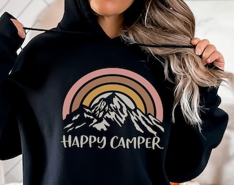 Retro Camping Sweatshirt or Hoodie,  Rainbow Mountain Hiking Crewneck , Outdoor Nature Lover Backpacking Sweater, Womens Camp Hike Gifts