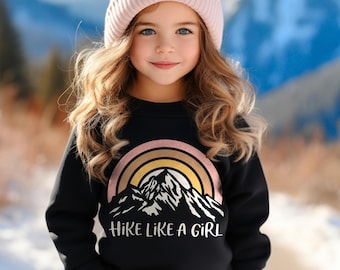 Hiking Sweatshirt for Girls, Hike Like a Girl Mountain Rainbow Crewneck or Hoodie, Kids Camping Outdoor Adventure Nature Lover Gift for Her
