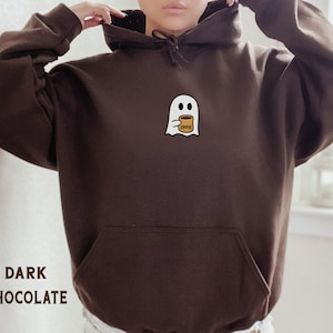 Embroidered Ghost Hoodie, Embroidered Fall Hooded Sweatshirt, Ghost With Coffee Sweater, Cute Halloween Embroidered Hoodie