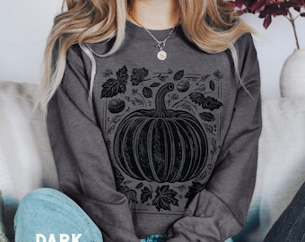 Sudadera de calabaza otoñal para mujer, sudadera con capucha de Acción de Gracias con hojas grabadas en linóleo, regalos de otoño para ella.