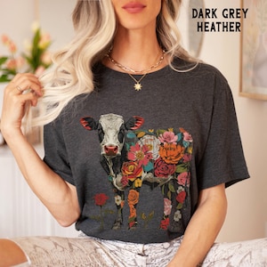 Boho Flower Cow Shirt, Retro Floral Farmhouse Chic Cow Tee, Cottagecore Aesthetic Clothing, Cow Lover Gift for Her