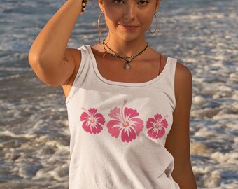 Hibiscus Tank Top, Hawaiian Tank, Retro Beach Tank, Summer