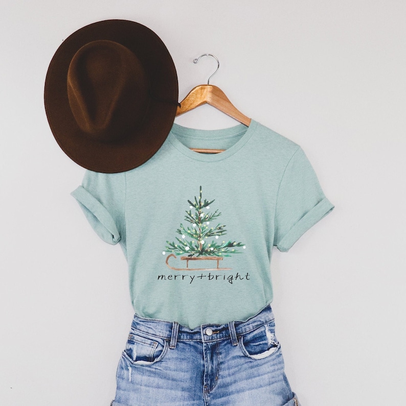 Christmas Shirts for Women Merry and Bright Shirt Christmas Heather Dusty Blue