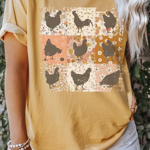 Boho Chickens Shirt, Comfort Colors®, Retro Farmhouse Floral Backyard Chicken Tee, Cottagecore Aesthetic Clothing, Chicken Gift for Her Mustard
