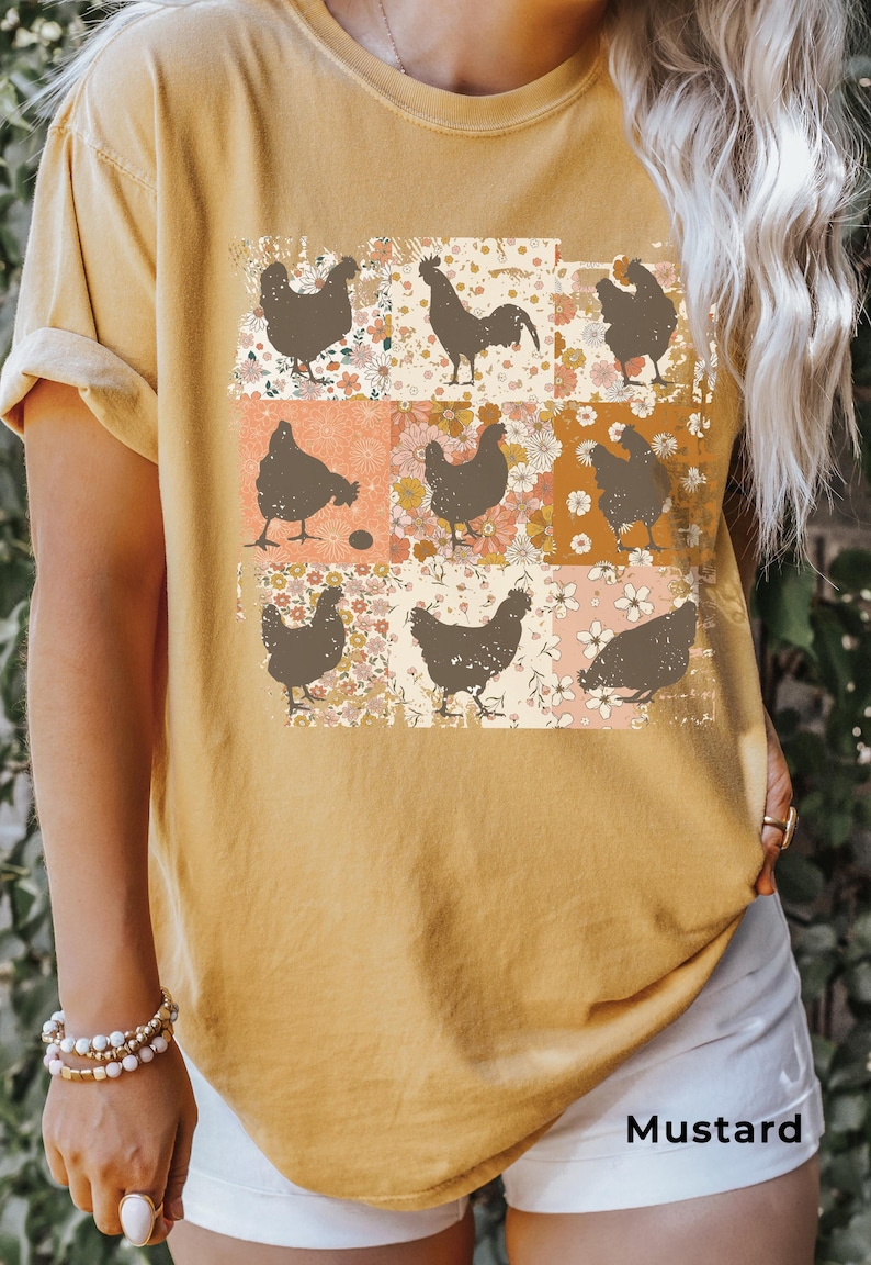 Boho Chickens Shirt, Comfort Colors®, Retro Farmhouse Floral Backyard Chicken Tee, Cottagecore Aesthetic Clothing, Chicken Gift for Her Mustard