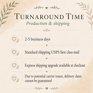 Może przedstawiać: Beżowa grafika informacyjna z ciemnobrązowym tekstem o treści Turnaround Time, Production & shipping, 2-5 business days, Standard shipping USPS first class mail, Express shipping upgrade available at checkout oraz delivery dates cannot be guaranteed.