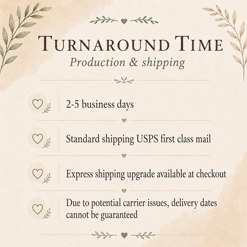 Może przedstawiać: Beżowa grafika informacyjna z ciemnobrązowym tekstem o treści Turnaround Time, Production & shipping, 2-5 business days, Standard shipping USPS first class mail, Express shipping upgrade available at checkout oraz delivery dates cannot be guaranteed.