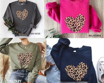 Leopard Heart Sweatshirt, Animal Print Heart Hoodie, Womens