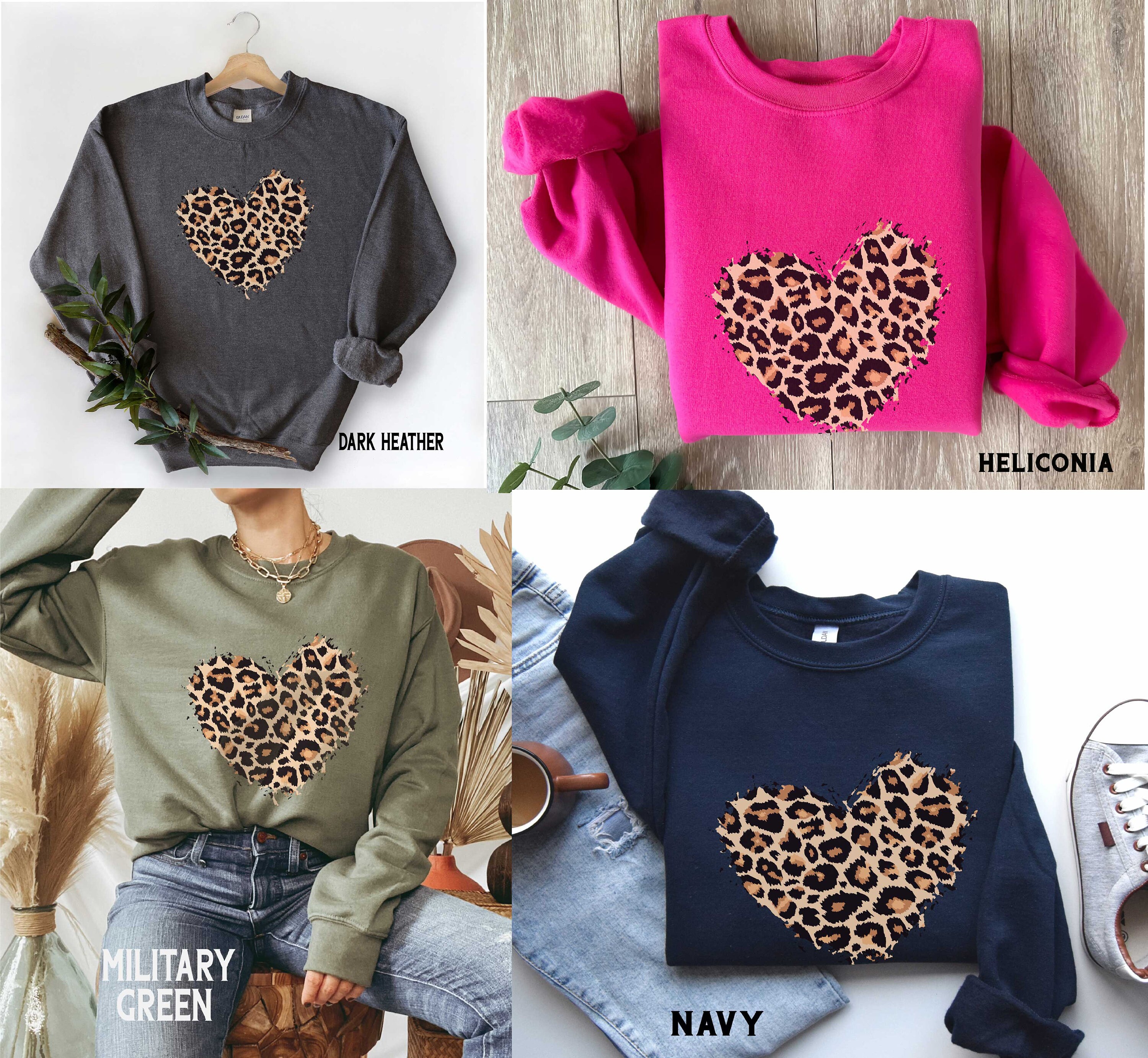 Womens Leopard Heart Sweatshirt, Animal Print Heart Hoodie