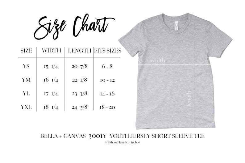 Op de afbeelding: Een lichtgrijs Bella + Canvas youth jersey short sleeve tee met een maattabel. De tabel toont breedte- en lengtematen in inches voor de maten YS, YM, YL en YXL. (1 inch = 2.54 cm)
